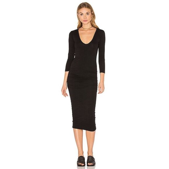 James Perse Dresses & Skirts - NWT JAMES PERSE Black Cotton Jersey Ruched V-Neck Midi Dress, Size 2/M